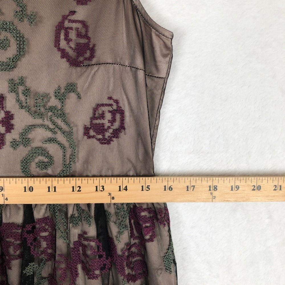 SUNDANCE Embroidered Mesh Fit Flare Midi Dress Sz 4 Tan Green Burgundy Floral - Picture 11 of 13